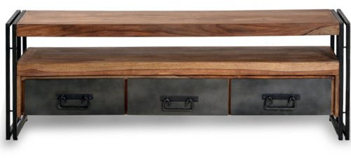 SIT-Möbel 9275-01 TV Lowboard Panama Shesham Natur mit schwerem Altmetall und Gebrauchsspuren, 160 x 40 x 55 cm, 3 Schubladen, 1 offenes Fach