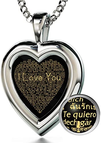 925 Sterling Silver Heart Anniversary Pendant I Love You Necklace 24ct Gold Inscribed in 120 Languages Including Sign Language on Classic Black Heart-Shaped Cubic Zirconia Gemstone, 18 Chain