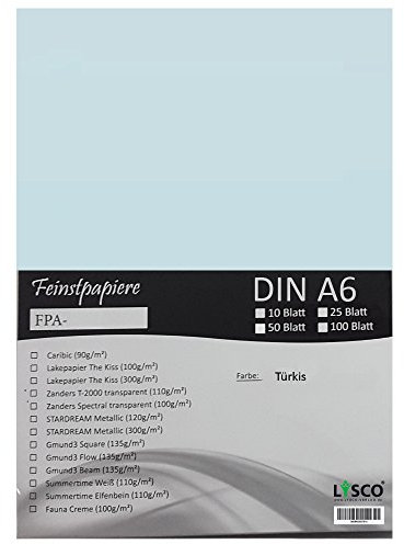 GMUND Transparentpapier DIN A6 Farbe Türkis / LYSCO® Feinstpapierset mit 25 Blatt Inhalt (FPA-124) - bedruckbar, sehr gute Qualität, für Einladungen, als Einlegeblätter für Alben, Fotoalben, Fensterbilder, Bastelarbeiten uvm.