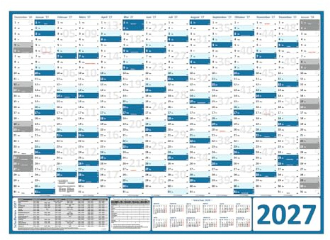 XXL Wandkalender Wandplaner 2027 blau (gerollt) DIN A0 Format (841 x 1189 mm) 14 Monate, komplette Jahresvorschau Folgejahr und Ferientermine Feiertage aller Bundesländer