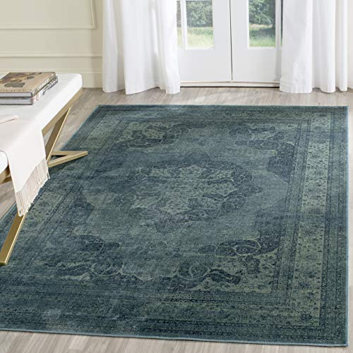 SAFAVIEH Vintage Collection Area Rug - 6'7 x 9'2, Blue & Multi, Oriental Traditional Distressed Viscose Design, Ideal for High Traffic Areas in Living Room, Bedroom (VTG158-2220)