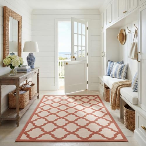 SAFAVIEH Washable Rug Outdoor Courtyard Collection - 6'7 x 9'6, Beige & Terracotta, Non-Shedding & Easy Cleaning, Ideal for Patio, Backyard, Mudroom (CY6903-231)