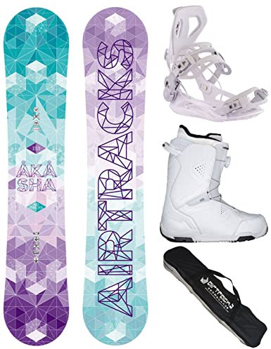 Airtracks Damen Snowboard-Set Freestyle Freeride Akasha Lady Flat Rocker 150 + Snowboard Bindung Master W + Snowboardboots Star W 39 + Sb Bag