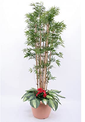 Kunstpflanzen Arrangement Bambus mit roten Geranien, Höhe 210cm - Set aus Bambusrohren mit Geranie & Clematis Kunstblumen und Übertopf