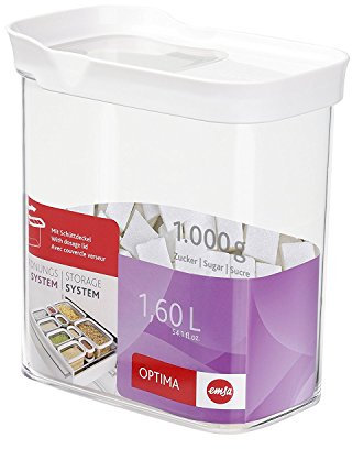 Emsa 514551 Vorratsdose Optima | Schüttdose mit Schiebedeckel | 1,6 L | Rechteckig | 100 % keimfrei | Frische-Dichtung | 100 % Sicher | Weiß/ Transparent