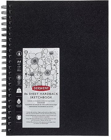 Derwent Hardcover-Skizzenbuch, A4 Hochformat, Sketch-Buch zum Zeichnen & Schreiben, 86 Blatt, Säurefreies Papier, spiralgebunden, Professionelle Qualität, 2301607