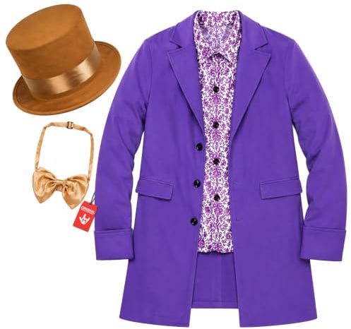 Fun Shack, Candy Factory Boss Costume Men, Halloween Costumes for Men | Purple Jacket with Patterned Shirt Insert, Peach Bow Tie, Brown Top Hat Included, Perfect for Halloween, Movie Character