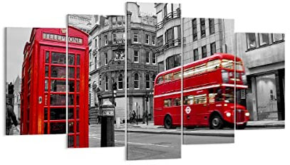 Wandbilder Dekoration Wohnzimmer Bus Telefon Straße Mehrteilige Bilder auf Leinwand 160x85cm Leinwandbild Schlafzimmer Set 5 teilige Wand Kunstdruck Art Groß XXL Wanddeko Bild Canvas EA160x85-2674