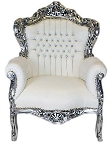 Casa Padrino Barock Sessel King Weiss Lederoptik/Silber mit Bling Bling Glitzersteinen - Lounge Möbel