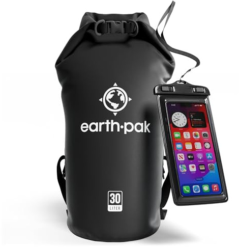 Earth Pak – Wasserdichter Packsack mit Schultergurt und wasserfester Handyhülle – Ideale Rolltop Tasche beim Kajak Fahren, Wandern, Camping, Angeln, Bootfahren und Rafting (Schwarz, 30L)