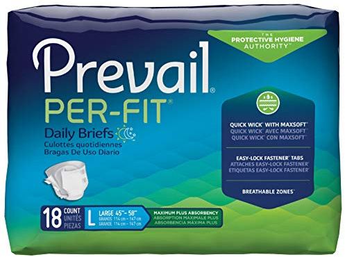 Prevail Per-Fit Incontinence Unisex Briefs with Tabs, Disposable Adult Diaper, Maximum Plus Absorbency, Large, 18 Count Bag