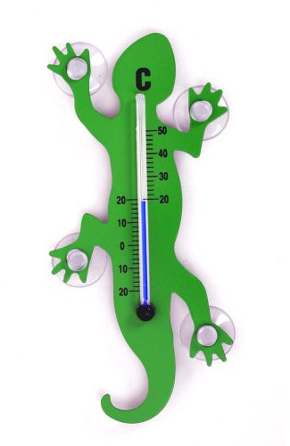 HAB & GUT -TG001-GRÜN- Fenster - Thermometer Gecko GRÜN Metall, 14 cm Länge, Salamander mit 4 starken Saugnäpfen zur Befestigung innen/außen