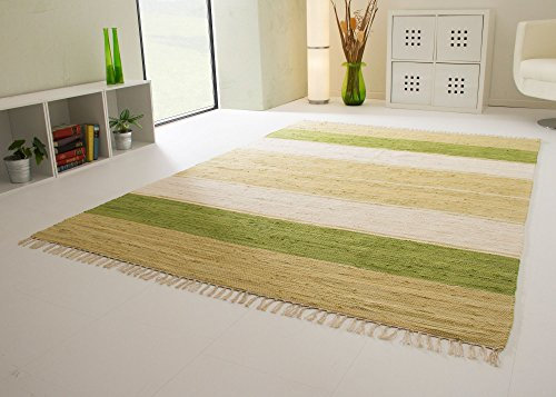 Handwebteppich Indira Colour in Grün - Teppich aus 100% Baumwolle mit Streifen Muster, Größe: 70x250 cm
