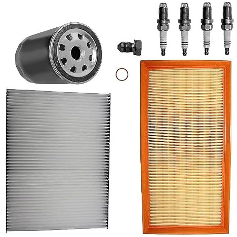 BESTPRICE Inspektionspaket Filterset mit 1x Luftfilter, 1x Innenraumfilter (Pollenfilter) mit Aktivkohle, 4x Zündkerze HR8MCV+, 1x Ölablassschraube mit Dichtung Kompatibel mit FORD KA (RB_) (RL2)