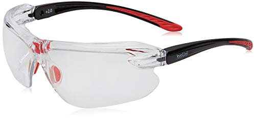 IRI-s - Patillas bi-material PC+TPR, Patillas inclinables negro/rojo, Puente nasal B-Flex – PC incoloro con dioptría +2 - anti-rayaduras y anti-vaho
