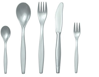 WACA Geschirrset Besteck silber 5-teilig, Mehrweg Besteck-Set aus SAN-Kunststoff, spülmaschinengeeignet, geschmacksneutral & langlebig, Messer, Gabel, Löffel, Teelöffel & Kuchengabel – Made in Germany