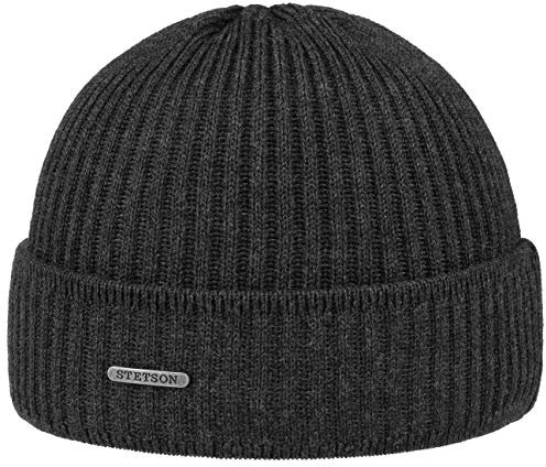Stetson Parkman Mütze - Strickmütze Damen/Herren - Wintermütze aus 100% Merinowolle - Made in The EU - One Size 54-62 cm Umschlagmütze - Wollmütze Herbst/Winter - Rippmütze anthrazit One Size