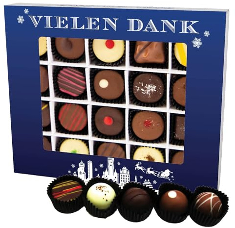 Hallingers Genuss Manufaktur Pralinen Weihnachts-Geschenk - mit & ohne Alkohol, handmade aus Confiserie-Edelkakao in wertiger XL-Geschenkbox Vielen Dank Blau, Weihnachten für Frauen Männer