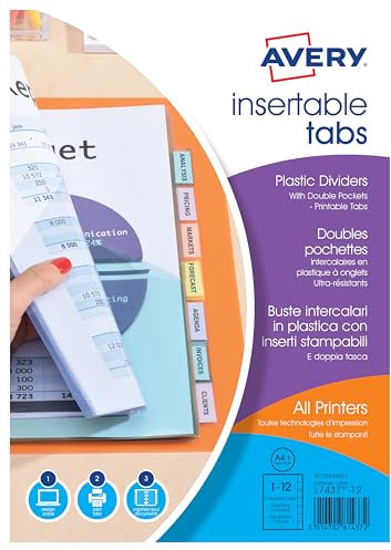 AVERY - Double pochettes intercalaires à onglets personnalisables et imprimables, 12 touches, Format A4+ (permet de classer des pochettes perforées), En polypropylène coloré translucide