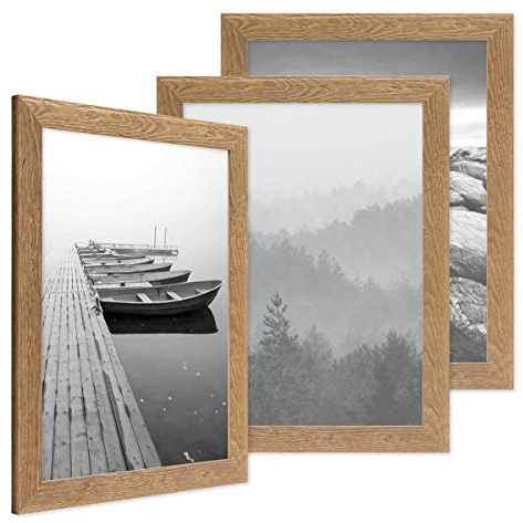 PHOTOLINI Bilderrahmen 30x45 cm Holz Eiche-Optik, 3er Set Echtholz-Rahmen rustikal, Strandhaus, Made in Germany, Echtglas, zum Aufhängen, extra Zubehör - Treibholzlook mit einem Hauch Küstenflair