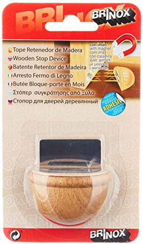 Brinox Tope de Puerta con Imán, Adhesivo, Fabricado en España, Madera Roble, Incluye Placa de Acero Inoxidable, Protección de Paredes y Muebles, 1 Unidad