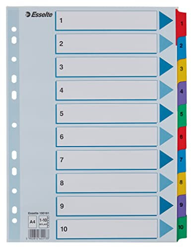 Esselte Register für A4, Deckblatt und 10 Trennblätter, Taben mit Zahlenaufdruck 1-10, Lochrand und Taben folienverstärkt (Mylar), Blau, Karton, 100161