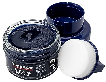 Tarrago | Kit crème auto-brillante 50 ml | Crème nourrissante de cires naturelles pour faire briller le cuir, le cuir lisse, les chaussures naturelles ou synthétiques | Avec éponge (bleu marine 17)