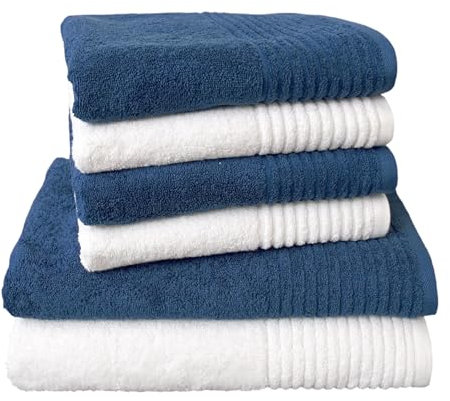 Dyckhoff 0410996450 Handtuchset Brillant, 2 Badetücher / Duschtücher 70 x 140 cm und 4 Handtücher 50 x 100 cm, 6-teilig, weiß / blau