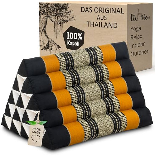 livasia Rückenstützkissen extrahoch - 38x55x35cm - Dreieckskissen für Garten und Balkon, Keilkissen mit Kapok, Lagerungskissen für Beine, handgefertigt, Meditationskissen (Schwarz/Orange)