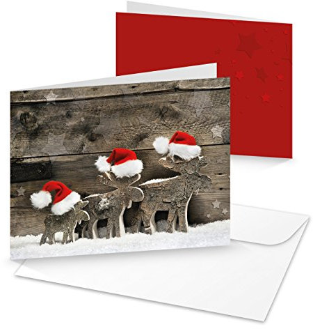 Logbuch-Verlag 10 Weihnachtskarten mit Umschlag Kuvert Holz Design Rentiere leer ohne Text Set gleiche natürlich Foto Motiv