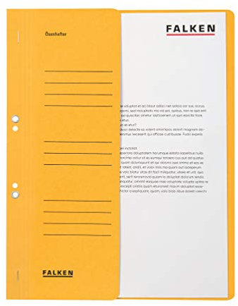 Original Falken 50er Pack Ösenhefter. Made in Germany. Aus Recycling-Karton mit halbem Vorderdeckel und Behördenheftung für DIN A4 gelb Hefter Sammelmappe Blauer Engel