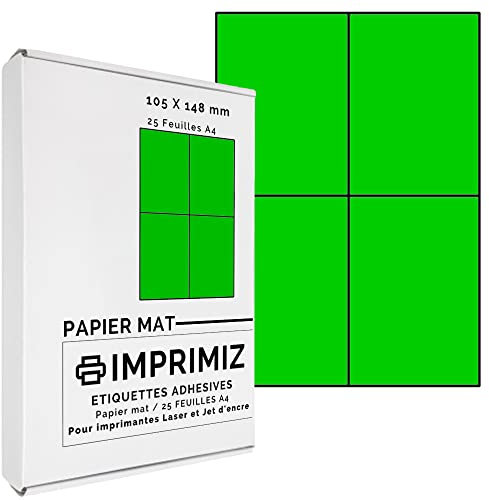 100 selbstklebende Etiketten neon grün von 105 x 148,5 mm - 4 Etiketten/Blatt - 25 Blatt A4 / Papier matt - Farbe - Für Inkjet/Laser/Kopier Drucker - Etiketten farbig