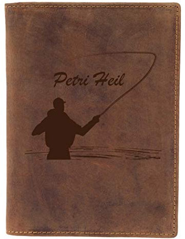 Greenburry Leder-Ausweismappe mit Petri Heil Motiv - Leder Angelausweis-Mappe - 16,5x12cm