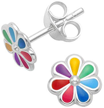 Sterling Silver Daisy Earrings - Multi coloured flower Enamel Stud Earrings - SIZE: 7mm. Gift Boxed B41HN/5579