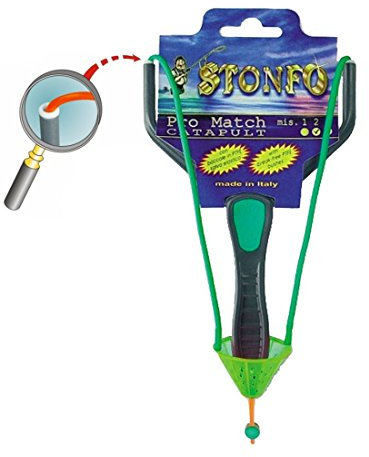 Stonfo Art.357 kleine Futterschleuderer Madenschleuder Zwille, Grün, Teflon, Soft - Touch Griff, Inkl. Ersatzgummi