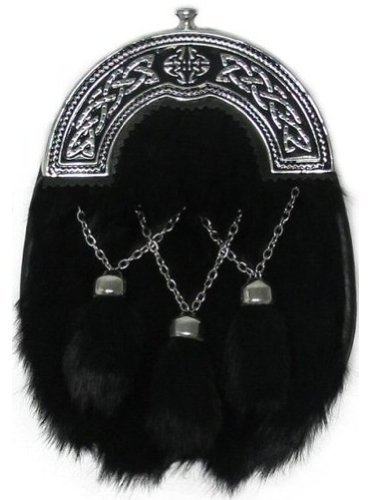 Tartanista - Herren Dress-Sporran für Kilts - Schwarzes Kaninchenfell - Emaille-Optik