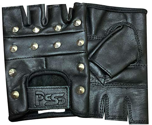PrimeLeather Hochwertige Echt Leder Schwarze Nieten Fingelose Biker Punk Gothic Fahrer Handschuhe Größe XL