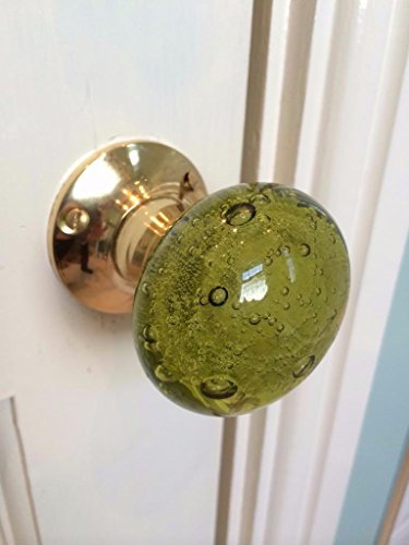 Beautiful Pair of Large Contemporary/Retro Round SAGE Green Smooth Bubble Glass Brass Mortice Door Knobs/Handles PL