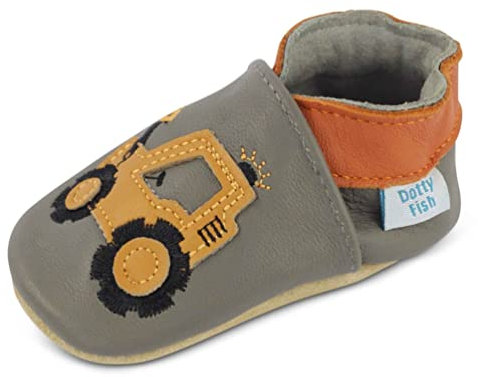 Dotty Fish Krabbelschuhe aus Leder – rutschfeste, weiche Sohle, Barfußgefühl, Lauflernschuhe & Babyschuhe für Jungen, Grau mit gelbem Bagger, 3-4 Jahre (27 EU)