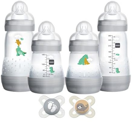 MAM Easy Start Anti-Colic Baby Bottle Starter Set – 4 Self Sterilizing Bottles (5oz & 9oz) + 2 Newborn Pacifiers Breastfed Baby Feeding Gift Set