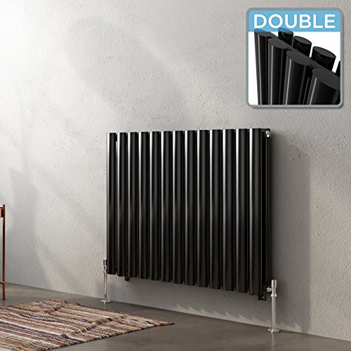 iBathUK Strata Wall-Mounted Horizontal Double Oval Panel Radiator, 13 Column Steel High Thermal Output Hydronic Central Heating, Designer Modern Radiator in Gloss Black, 600 × 767mm