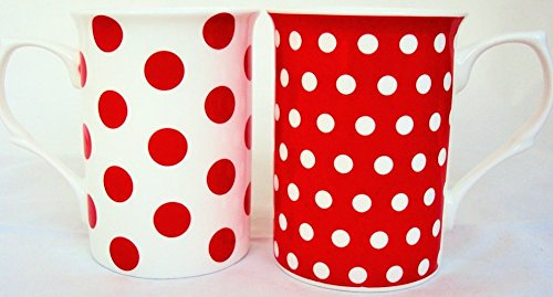 Red Dots and Spots Mugs Set of 2 Fine Bone China Mix Red Mugs Hand Decorated in The UK Free UK Delivery