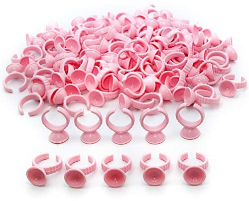 G2PLUS Pink Eyelash Glue Holder Ring - 300PCS Lash Extension Glue Rings - Small Disposable Plastic Glue Cups Rings for Eyelash Extension, Tattoo Application, Nails Extension