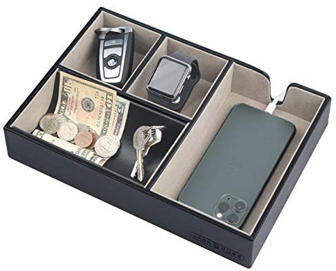 J JACKCUBE DESIGN Valet Tray Multi Leather, Desk or Dresser Organiser, Catch-all for Keys, Phone, Wallet, Coin, Jewellery and Nightstand(Black, 27 x 18.3 x 4.8 cm) - MK233A
