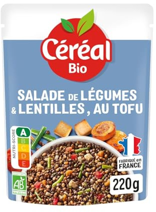 CÉRÉAL BIO – Salade de Légumes & Lentilles au Tofu – Plat Bio Individuel – Prêt à Consommer Rapidement – À Déguster Froid – Nutriscore A – 220 g