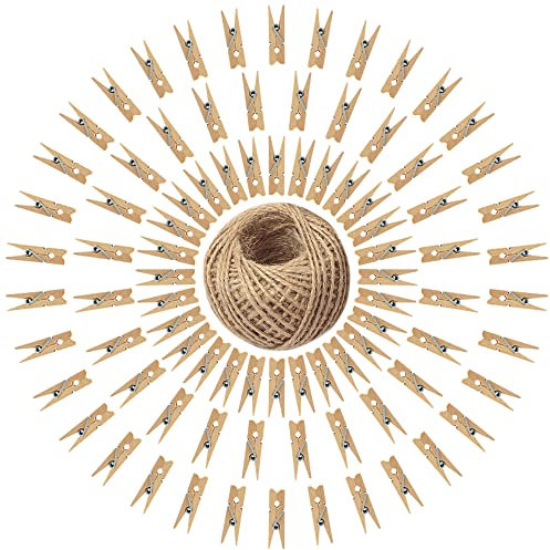 Ensemble mini pinces à linge et corde pour décoration – Lot contenant 100 pinces à linge de 3,5 cm en bois, et un rouleau de 90 mètres de ficelle de jute naturelle