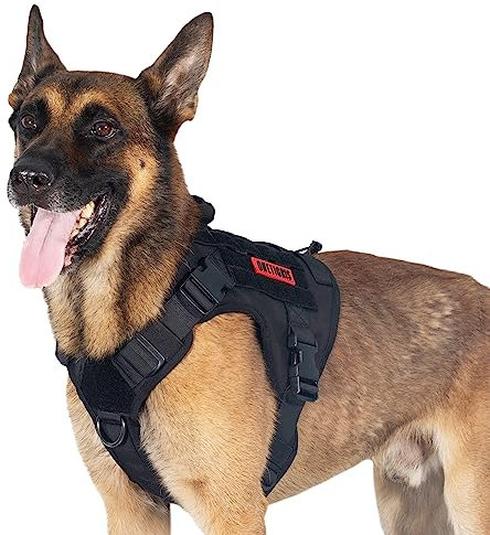 OneTigris Hundegeschirr, FIRE WATCHER Taktische Geschirr Sicherheitsgeschirr Hunde Hundeweste mit 1 Griffe und 2 D-Ring 1000D Nylon (L, Schwarz)