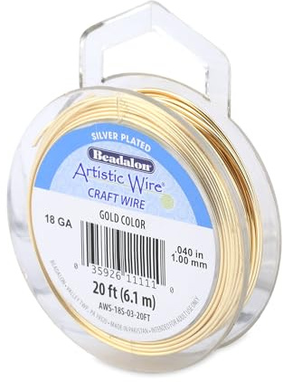Artistic Wire 1.0 mm Alambre de Cobre de Color Chapado en Plata Resistente al deslustre, Dorado, 18 Gauge, 20 ft