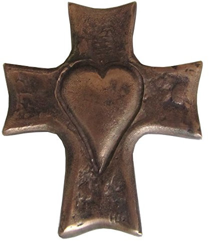 Wilde Bronze Kreuzherz Wandbild 8L x 7B cm, Wandmontage, Ungerahmt, Hochformat, Wohnzimmer, Bronze Wandkreuz mit Herz