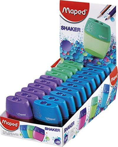 Maped Shaker 2-Loch Bleistiftspitzer, 20 Stück, Rosa, Blau, Grün, Legierter Stahl, Handbetrieben, Transparent, Klassenzimmer